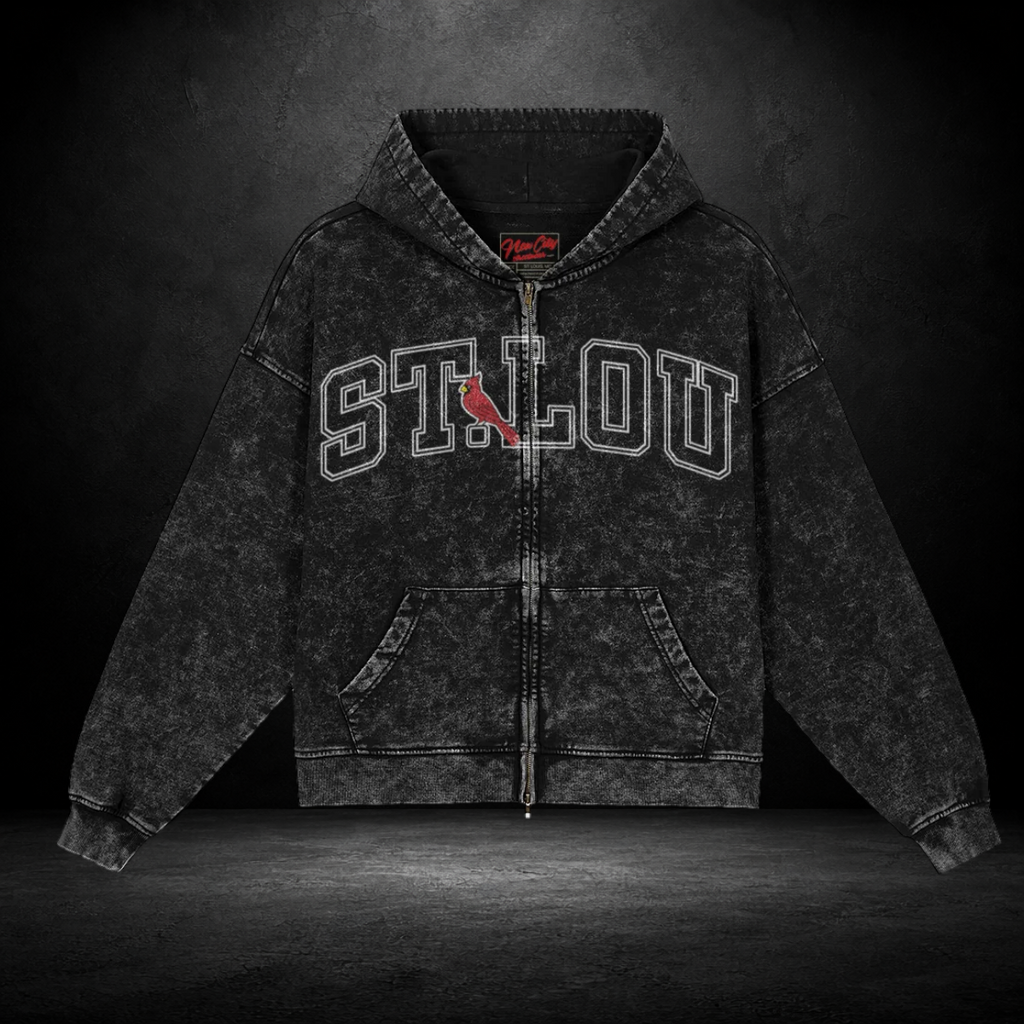 Snow‑Washed Zip Front Hoodie — St. Lou 314