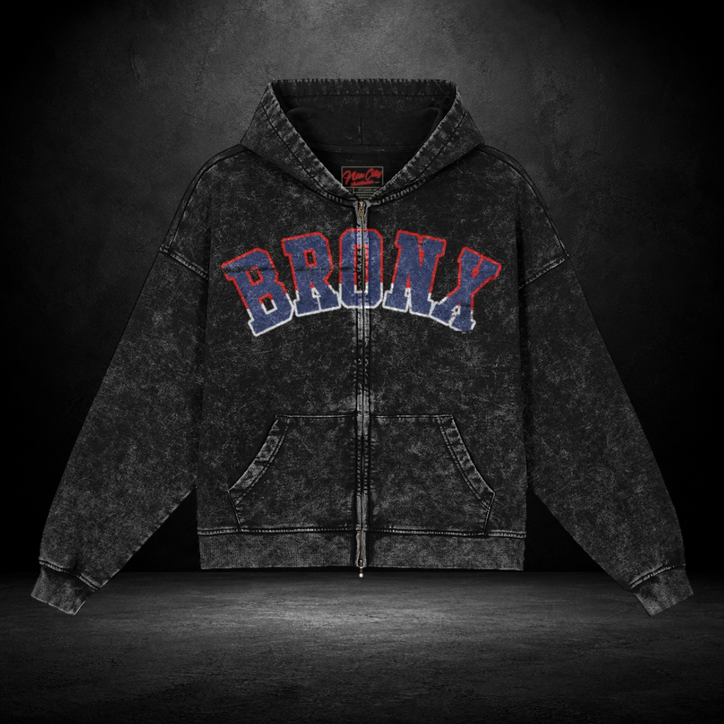 Snow‑Washed Zip Front Hoodie — Bronx 718