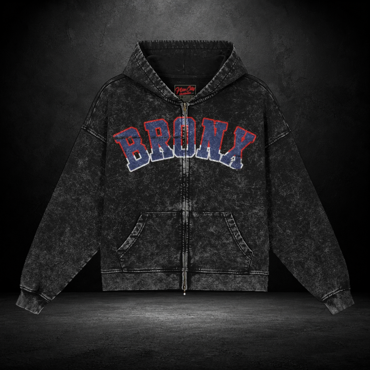 Snow‑Washed Zip Front Hoodie — Bronx 718
