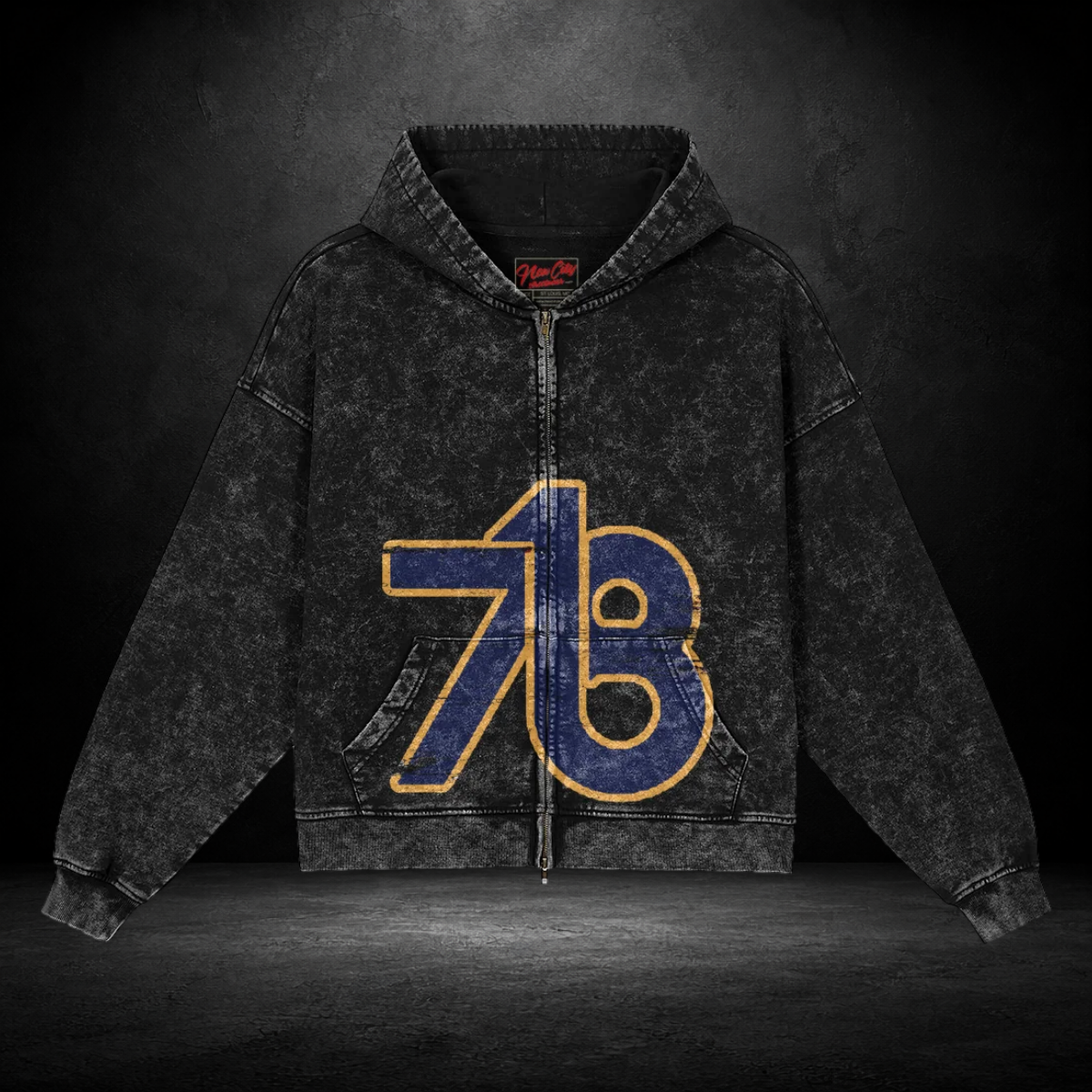 Snow‑Washed New York Icon Zip Front Hoodie