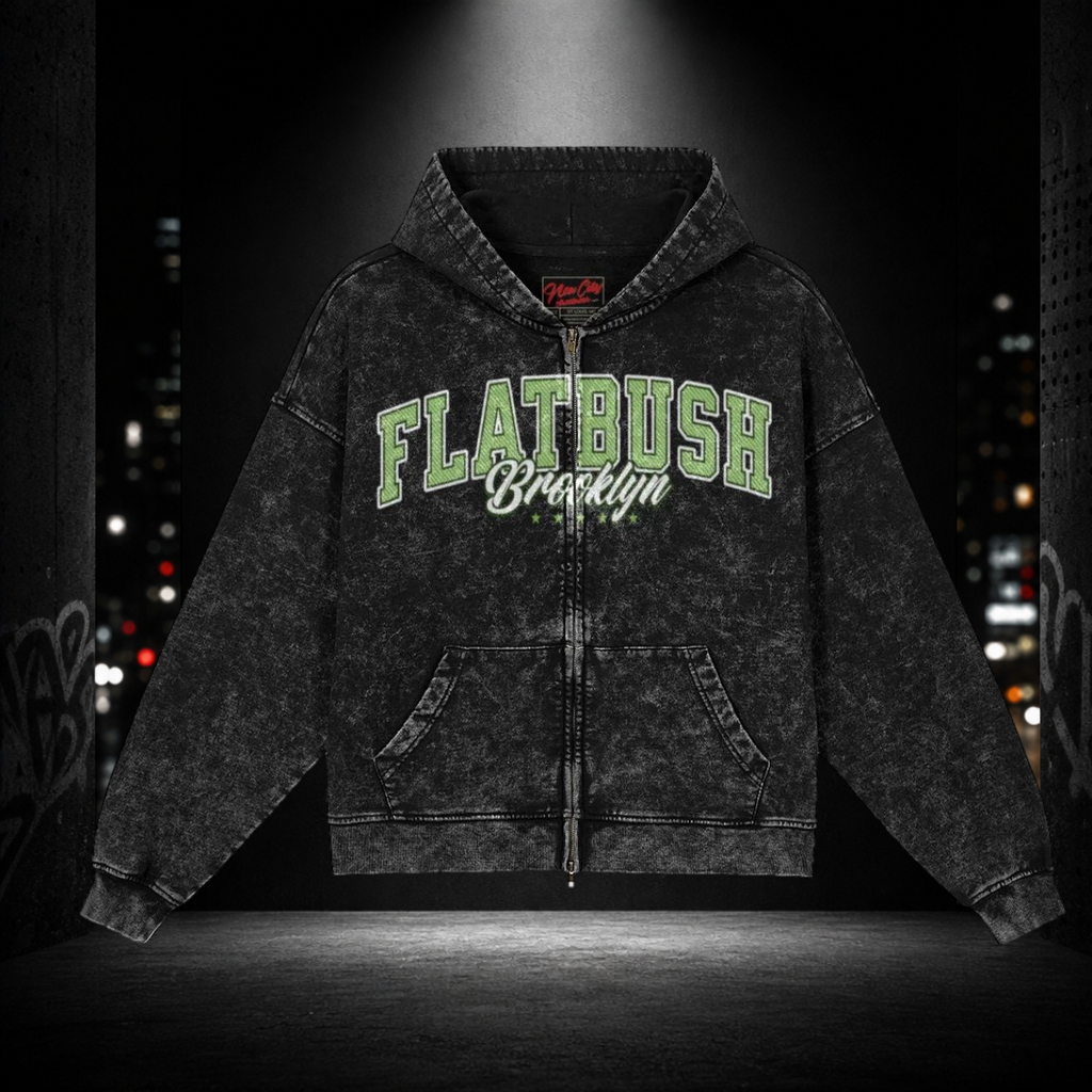 Snow‑Washed Zip Front Hoodie — Flatbush 718