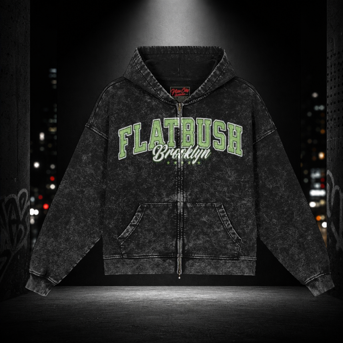 Snow‑Washed Zip Front Hoodie — Flatbush 718