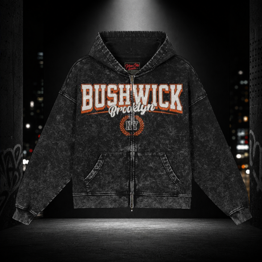 Snow‑Washed Zip Front Hoodie — Bushwick 718