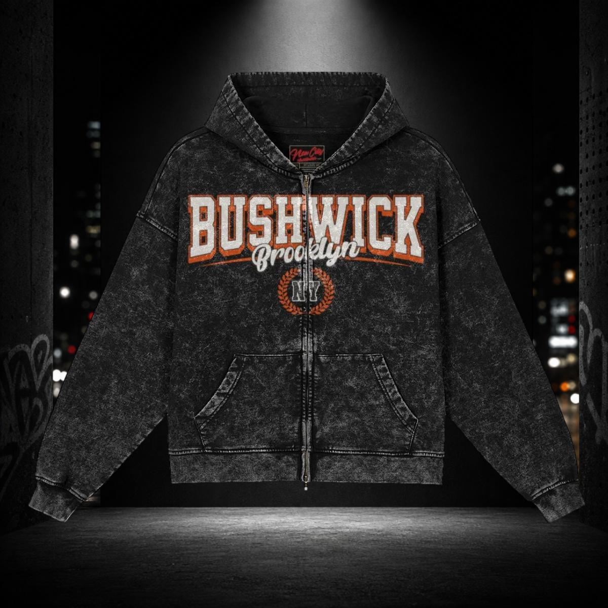 Snow‑Washed Zip Front Hoodie — Bushwick 718